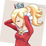  1girl alternate_hairstyle artist_request blonde_hair brooch crown dress earrings hair_over_one_eye jewelry long_sleeves looking_at_viewer non-web_source ponytail red_dress rosalina simple_background super_mario_bros. tagme tiara upper_body 