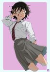  1girl black_hair blue_background collared_shirt commentary_request cropped_legs diagonal-striped_necktie grey_skirt hand_in_own_hair hand_up highres looking_at_viewer miyahara_takuya necktie original pink_background pleated_skirt red_necktie school_uniform shirt skirt solo two-tone_background white_shirt wide-eyed 