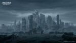  absurdres aether_gazer building car city cityscape clouds cloudy_sky copyright_name damaged debris fire ground_vehicle highres mecha motor_vehicle outdoors road robot ruins scenery sky skyscraper smoke tree z4_(546455792) 