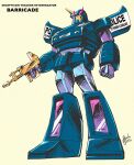 barricade_(transformers) decepticon full_body guido_guidi gun retro_artstyle robot simple_background standing transformers