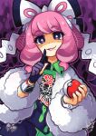  1girl bright_pupils gloves highres holding holding_poke_ball index_finger_raised klara_(pokemon) lips looking_at_viewer medium_hair mole mole_under_mouth parted_lips partially_fingerless_gloves pink_hair poke_ball pokemon pokemon_(game) pokemon_swsh purple_gloves sandragh single_glove smile solo violet_eyes white_pupils 
