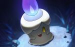  :d blurry commentary_request fire flame happy litwick looking_at_viewer naoki_eguchi no_humans open_mouth pokemon pokemon_(creature) purple_fire smile solo yellow_eyes 