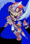  1boy armor asymmetrical_clothes black_hair blue_background dog electric_guitar flame_print from_above gitaroo_man gitaroo_man_(character) grin guitar helmet instrument male_focus puma_(gitaroo_man) shadow simple_background smile sorrysap winged_helmet wristband 