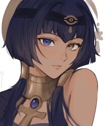  1girl bangs bare_shoulders blue_eyes blue_hair blush candace_(genshin_impact) closed_mouth dark-skinned_female dark_blue_hair dark_skin egyptian_clothes eye_of_horus eyelashes forehead_jewel gem genshin_impact hair_ornament heterochromia highres jewelry lips looking_at_viewer neck_ring nokkusuart short_hair_with_long_locks solo twintails upper_body yellow_eyes 