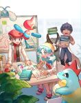  1girl 2boys :d bangs book chair commentary_request croconaw dubwool egg green_hair hat holding holding_egg hop_(pokemon) huan_li jacket kris_(pokemon) labcoat long_hair looking_down lucas_(pokemon) multiple_boys open_mouth pants papers poke_ball poke_ball_(basic) pokemon pokemon_(creature) pokemon_(game) pokemon_dppt pokemon_egg pokemon_gsc pokemon_swsh porygon-z purple_hair red_headwear red_scarf red_shirt scarf shirt shoes short_hair sitting smile swablu table tongue twintails white_jacket whiteboard yellow_headwear 