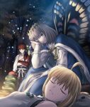  1girl 2boys ahoge artoria_caster_(fate) artoria_caster_(first_ascension)_(fate) artoria_pendragon_(fate) black_pants blonde_hair blue_cloak blue_eyes blue_robe breasts buttons cape cloak closed_eyes closed_mouth crown emiya_shirou fate/grand_order fate_(series) forest fur_hat grey_hair hair_between_eyes hat highres long_hair long_sleeves moon multiple_boys nature night oberon_(fate) open_mouth orange_eyes orange_hair pants robe senji_muramasa_(fate) shiny shoori_(migiha) short_hair sitting sleeping small_breasts smile standing teeth tree type-moon ushanka vest white_cape white_headwear white_robe white_vest 