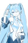  1girl absurdres bare_shoulders blue_hair blue_theme blush closed_mouth drawing_alpaca eyelashes hair_between_eyes hand_gesture hatsune_miku highres long_eyelashes long_hair looking_at_viewer monochrome necktie one_eye_closed skirt smile solo twintails very_long_hair vocaloid 
