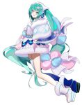  1girl ankle_boots aqua_eyes aqua_hair argyle arms_at_sides bangs blue_shawl blue_thighhighs blunt_bangs boots breasts collared_dress dress floral_print frills full_body fur-trimmed_boots fur-trimmed_dress fur-trimmed_gloves fur-trimmed_shawl fur_trim gloves hair_ornament hairclip hatsune_miku headset highres legs_together long_hair looking_at_viewer magical_mirai_(vocaloid) magical_mirai_miku magical_mirai_miku_(2020_winter) pastel_colors pink_gloves platform_boots platform_footwear rsk_(tbhono) shawl shiny shiny_hair short_dress sideboob sidelocks simple_background single_bare_leg single_thighhigh small_breasts smile solo star_(symbol) star_print thigh-highs tsurime twintails very_long_hair vocaloid white_background white_dress 