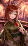  1girl animal_ears brown_hair candy_apple clover_hair_ornament fine_motion_(umamusume) fireworks food green_eyes green_kimono hair_between_eyes hair_bun hair_ornament hair_ribbon holding holding_food horse_ears horse_girl japanese_clothes kimono looking_at_viewer multicolored_hair ribbon sidelocks single_hair_bun smile solo two-tone_hair umamusume upper_body white_hair yoimoriyoru yukata 