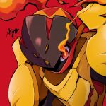  armarouge ayo_(ayosanri009) commentary_request fire flame flaming_eyes looking_at_viewer no_humans pokemon pokemon_(creature) red_background red_eyes signature solo upper_body 