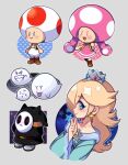  1boy 2girls artist_name blonde_hair blue_dress boo_(mario) boots braid brown_footwear closed_mouth crown dress earrings highres jewelry long_hair long_sleeves looking_at_viewer multiple_girls open_mouth pink_dress quartette rosalina shy_guy star_(symbol) star_earrings super_mario_bros. toad_(mario) toadette twin_braids w wide_sleeves 