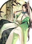  1boy architecture bamboo black_hair east_asian_architecture green_eyes hand_fan highres holding holding_fan light_smile long_hair long_sleeves male_focus ren_zhafan_paijizu_xitong sakuramochi1003 shen_qingqiu 