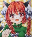  1girl animal_ears bow braid cat_ears cat_tail fang hair_bow highres kaenbyou_rin masaki_(masarin0909) multiple_tails nekomata paw_pose red_eyes redhead shikishi skin_fang tail touhou traditional_media twin_braids 