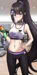  1girl absurdres black_hair blue_archive choker closed_mouth crop_top flower green_choker hair_flower hair_ornament highres janel-senpai light_blush long_hair looking_at_viewer midriff navel ponytail sumire_(blue_archive) violet_eyes 