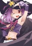  1girl absurdres arm_warmers armpits bangs belt black_cape black_headwear brown_belt cape cloak criss-cross_halter crop_top detached_sleeves gem hair_bobbles hair_ornament halterneck hat highres magia_record:_mahou_shoujo_madoka_magica_gaiden magical_girl mahou_shoujo_madoka_magica mamadasky medium_hair misono_karin navel one_eye_closed open_mouth parted_bangs parted_hair pink_ribbon pleated_skirt purple_hair ribbon skirt smile solo star_(symbol) two_side_up white_skirt witch_hat yellow_gemstone 