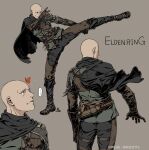  ... 1boy ass bald belt black_cape black_footwear black_pants boots brown_belt brown_gloves brown_pants bug butterfly cape elden_ring facing_away from_behind gloves grey_background highres kamezaemon knee_boots knife leg_up looking_up male_focus pants patches_(from_software) simple_background speech_bubble torn_cape torn_clothes translation_request 