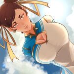  1girl arms_behind_back blue_dress blue_sky breasts brown_eyes brown_hair bun_cover chest_cutout china_dress chinese_clothes chun-li clouds cloudy_sky double_bun dress dutch_angle earrings hair_bun hair_pulled_back highres ihsnet jewelry large_breasts lips looking_at_viewer outdoors sky solo street_fighter street_fighter_6 two-tone_dress upper_body white_dress 