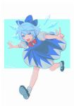  1girl arms_up artist_name bangs black_footwear blue_background blue_bow blue_dress blue_eyes blue_hair border bow bowtie breasts cirno collared_shirt commentary dress eyes_visible_through_hair grey_shirt grey_socks hair_between_eyes hands_up highres ice ice_wings looking_to_the_side medium_breasts noriuma open_mouth outside_border puffy_short_sleeves puffy_sleeves red_bow red_bowtie running shirt shoes short_hair short_sleeves simple_background smile socks solo teeth tongue touhou v white_border wings 