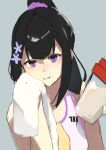  1girl absurdres black_hair blue_archive bottle choker closed_mouth crop_top flower hair_flower hair_ornament highres hudp8854 light_blush long_hair looking_at_viewer ponytail simple_background sumire_(blue_archive) towel upper_body violet_eyes water_bottle 