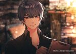  1boy bangs black_shirt blurry blurry_background closed_mouth collared_shirt earrings holding holding_pen jewelry marius_von_hagen_(tears_of_themis) meixallen pen purple_hair shirt short_hair smile solo tears_of_themis upper_body violet_eyes 