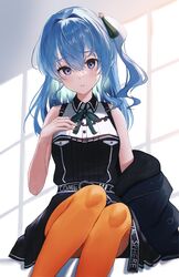  1girl absurdres barefoot belt belt_buckle black_dress black_jacket blue_eyes blue_hair blush buckle clothes_writing dress feet_out_of_frame hair_ornament hand_on_own_chest highres hololive hoshimachi_suisei jacket long_hair looking_at_viewer one_side_up open_clothes open_jacket orange_pantyhose pantyhose parted_lips senriyama sitting solo star_(symbol) star_hair_ornament unzipped virtual_youtuber 