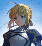  1girl absurdres ahoge armor artoria_pendragon_(fate) blue_sky braid breastplate clouds fate/stay_night fate_(series) french_braid green_eyes hair_ribbon highres juliet_sleeves long_sleeves looking_to_the_side none_(kameko227) petals puffy_sleeves purple_ribbon ribbon saber short_hair sky solo twitter_username upper_body 