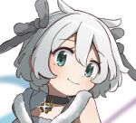  1girl aqua_eyes azusa_mifuyu blush dot_nose fur_trim grey_choker grey_gemstone grey_hair grey_ribbon hair_between_eyes hair_ribbon hara_(nanohara) head_tilt looking_at_viewer lowres magia_record:_mahou_shoujo_madoka_magica_gaiden magical_girl mahou_shoujo_madoka_magica pendant_choker portrait ribbon short_hair sidelocks simple_background smile solo white_background 