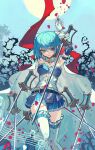  1girl absurdres arms_behind_head arms_up bangs belt blue_background blue_belt blue_eyes blue_footwear blue_hair blue_skirt bodice cape chinese_commentary commentary_request detached_sleeves falling_petals feet_out_of_frame flowercz frills gloves hair_ornament highres holding holding_sword holding_weapon knees_together_feet_apart leg_belt looking_at_viewer magical_girl mahou_shoujo_madoka_magica miki_sayaka multiple_swords musical_note musical_note_hair_ornament petals plant planted planted_sword serious shoes short_hair skirt solo staff_(music) standing sword thigh-highs thorns vines weapon white_cape white_gloves white_thighhighs 