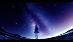  1girl absurdres from_behind highres long_hair milky_way mountainous_horizon nengoro night night_sky original outdoors pleated_skirt scenery shooting_star skirt sky socks standing star_(sky) starry_sky sweater 