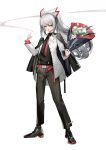  absurdres alternate_costume bangs belt black_footwear black_shirt black_suit bouquet bow cigarette formal fujiwara_no_mokou grey_hair hair_bow highres hime_cut holding holding_bouquet jacket long_hair necktie red_belt red_eyes red_necktie shirt sidelocks smoking suit suspenders touhou very_long_hair white_bow white_hair white_jacket yongzhe_mei_hong 