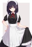  1girl apron bangs black_dress border bow bowtie breasts buttons closed_mouth collared_dress commentary_request dress eyes_visible_through_hair frills grey_background hand_on_hip hand_up highres jitome kanpa_(campagne_9) looking_at_viewer maid maid_headdress medium_breasts original outside_border puffy_short_sleeves puffy_sleeves purple_hair red_bow red_bowtie short_hair short_sleeves simple_background solo standing violet_eyes white_apron white_border 