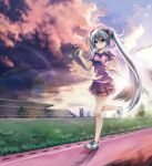  1girl ahoge aqua_eyes aqua_hair clouds commentary_request grass hatsune_miku headset highres holding long_hair luobo outdoors photoshop_(medium) revision running sky solo twintails very_long_hair vocaloid 
