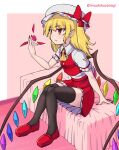  1girl ascot black_thighhighs blonde_hair crystal doku_yanagi flandre_scarlet hat highres holding mob_cap nail_polish pointy_ears red_eyes red_footwear shoes sitting skirt solo thigh-highs touhou wings 