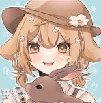  1girl aiueonigiri animal_ears blonde_hair blue_background blush brown_eyes chibi_chinu commission dog_ears dog_girl highres indie_virtual_youtuber looking_at_viewer open_mouth profile rabbit short_hair short_twintails skeb_commission smile solo thank_you twintails virtual_youtuber 