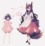  2girls :3 absurdres animal_ears barefoot black_footwear black_hair bow brown_hair carrot_necklace dress floppy_ears full_body hair_bow hands_on_hips haruwaka_064 highres imaizumi_kagerou inaba_tewi jewelry long_hair long_sleeves multiple_girls necklace pink_bow puffy_short_sleeves puffy_sleeves rabbit_ears rabbit_girl rabbit_tail red_eyes revision short_hair short_sleeves simple_background standing tail touhou translation_request very_long_hair white_background white_dress wide_sleeves wolf_ears wolf_girl wolf_tail 