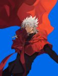  1boy absurdres amakusa_shirou_(fate) bangs black_pants blue_background brown_eyes cape commentary_request cowboy_shot cross cross_necklace cross_print dark-skinned_male dark_skin earrings expressionless fate/apocrypha fate/grand_order fate_(series) highres jewelry long_sleeves looking_away male_focus mutsu_(621300) necklace pants parted_bangs priest red_cape short_hair simple_background solo stole tassel white_hair yellow_eyes 