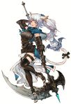  1girl :d animal_ears arm_behind_head avatar_(ff14) bangs belt black_footwear black_jacket blue_eyes blue_hair blunt_bangs boots bow cat_ears cat_girl cat_tail commission earrings facial_mark final_fantasy final_fantasy_xiv from_side full_body gaelicat gauntlets hair_ribbon heterochromia highres holding holding_scythe holding_weapon jacket jewelry kemomin_nosuke leg_up legwear_garter long_hair looking_at_viewer miqo&#039;te open_mouth ponytail reaper_(final_fantasy) red_eyes ribbon scythe simple_background single_earring skeb_commission sleeveless sleeveless_jacket smile solo standing standing_on_one_leg tail tail_bow tail_ornament thigh_boots toeless_footwear turtleneck weapon white_background 