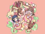  2girls :d bangs bow_hairband brown_hair buneary commentary_request confetti cosplay egg evolutionary_line eyelashes grey_eyes hairband hands_up highres hikari_(pokemon) lopunny may_(pokemon) may_(pokemon)_(cosplay) multiple_girls official_alternate_costume open_mouth pantyhose pink_background pink_footwear pink_skirt pokemon pokemon_(creature) pokemon_(game) pokemon_masters_ex shoes short_sleeves skirt smile sutokame tongue wrist_cuffs yellow_pantyhose 