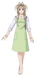 1female 1girl aa_megami-sama antenna_hair apron bangles bangs barefoot belldandy blue_and_white_dress blue_eyes brown_hair cooking dress female flowing_hair folded_sleeves goddess green_apron happy legs_crossed looking_at_viewer official_art standing white_background woman