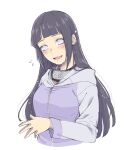  1girl :d bangs black_hair blunt_bangs blush cropped_torso grey_eyes grey_sleeves headband_around_neck highres hime_cut hooded_cardigan hyuuga_hinata long_hair long_sleeves looking_at_viewer naruto_(series) naruto_shippuuden open_mouth simple_background sketch smile solo straight_hair suzu_(tg_390) upper_body very_long_hair white_background 