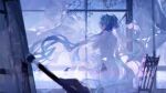  1girl bare_arms blue_hair blurry blurry_foreground curtains dress floating_hair hand_in_own_hair hatsune_miku highres holding holding_brush kanose long_hair open_mouth profile sleeveless sleeveless_dress solo_focus twintails very_long_hair vocaloid white_dress 