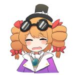  1girl absurdres bow cropped_torso crying drill_hair eyewear_on_head fang ferdy&#039;s_lab hat hat_bow highres jewelry simple_background skin_fang solo sunglasses tears top_hat touhou twin_drills upper_body white_background yorigami_jo&#039;on 
