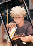  1boy absurdres bakugou_katsuki blonde_hair boku_no_hero_academia burger cellphone cup drinking_straw food highres holding holding_cup looking_at_viewer male_focus open_mouth phone red_eyes smartphone solo spiky_hair zerom000 