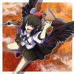  1girl bird_wings black_bow black_bowtie black_wings book bow bowtie bright_pupils collared_shirt full_body hat highres holding holding_book holding_pen hurin_raika looking_at_viewer open_mouth outline outside_border pen pom_pom_(clothes) red_eyes red_headwear shameimaru_aya shirt short_sleeves solo tokin_hat touhou white_outline white_pupils white_shirt wings 