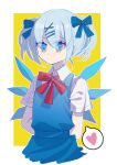  1girl absurdres alternate_hairstyle arms_behind_back bangs blue_bow blue_dress blue_hair bow cirno closed_mouth collared_shirt dress eyes_visible_through_hair hair_bow heart highres neck_ribbon pinafore_dress pout red_ribbon ribbon shirt shocho_(shaojiujiu) short_hair short_sleeves short_twintails solo spoken_heart touhou twintails upper_body white_shirt wings 