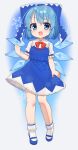  1girl absurdres bangs belt blue_background blue_belt blue_bow blue_dress blue_eyes blue_footwear blue_hair blush bow bowtie cirno cirno_day collared_shirt commentary_request dress frills full_body grey_background grey_shirt grey_socks hair_between_eyes hand_up high_collar highres ice ice_wings looking_to_the_side open_mouth puffy_short_sleeves puffy_sleeves red_bow red_bowtie shirt shoes short_hair short_sleeves smile snowflake_print snowflakes socks solo standing tongue touhou user_ngux2738 white_socks wings 