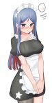  1girl absurdres alternate_costume apron asymmetrical_legwear black_dress black_thighhighs blue_hair breasts cowboy_shot dated dress enmaided frilled_apron frills highres kantai_collection large_breasts long_hair looking_at_viewer maid maid_headdress maru_(marg0613) multicolored_hair one-hour_drawing_challenge print_hair redhead simple_background single_thighhigh solo south_dakota_(kancolle) spoken_blush star_(symbol) thigh-highs twitter_username uneven_legwear white_apron white_background white_hair 