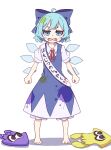  1girl absurdres ahoge bangs barefoot blue_bow blue_dress blue_eyes blue_hair blush_stickers bow bowtie cirno collared_shirt commentary_request dress fang frills full_body grey_shirt hair_between_eyes highres ice ice_wings kame_(kamepan44231) looking_at_viewer open_mouth paint_on_clothes puffy_short_sleeves puffy_sleeves red_bow red_bowtie sash shadow shirt short_hair short_sleeves simple_background solo standing stuffed_toy tongue touhou toy v-shaped_eyebrows white_background wings 