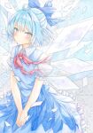  1girl bangs blue_bow blue_dress blue_eyes blue_hair bow bowtie cirno cirno_day closed_mouth collared_shirt dress hair_bow highres ice ice_wings looking_at_viewer own_hands_together red_bow red_bowtie shirt short_hair short_sleeves simple_background solo star_(symbol) sweet_miuk_tea touhou twitter_username white_background white_shirt wings 