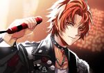  1boy badge black_collar black_jacket blurry blurry_background button_badge chain_necklace collar collared_jacket curtained_hair hanada highres holding holding_microphone ittoki_otoya jacket jewelry looking_at_viewer male_focus microphone necklace official_alternate_costume official_alternate_hairstyle red_eyes redhead shirt short_hair smile solo spiked_collar spikes stage sweat upper_body uta_no_prince-sama white_shirt 